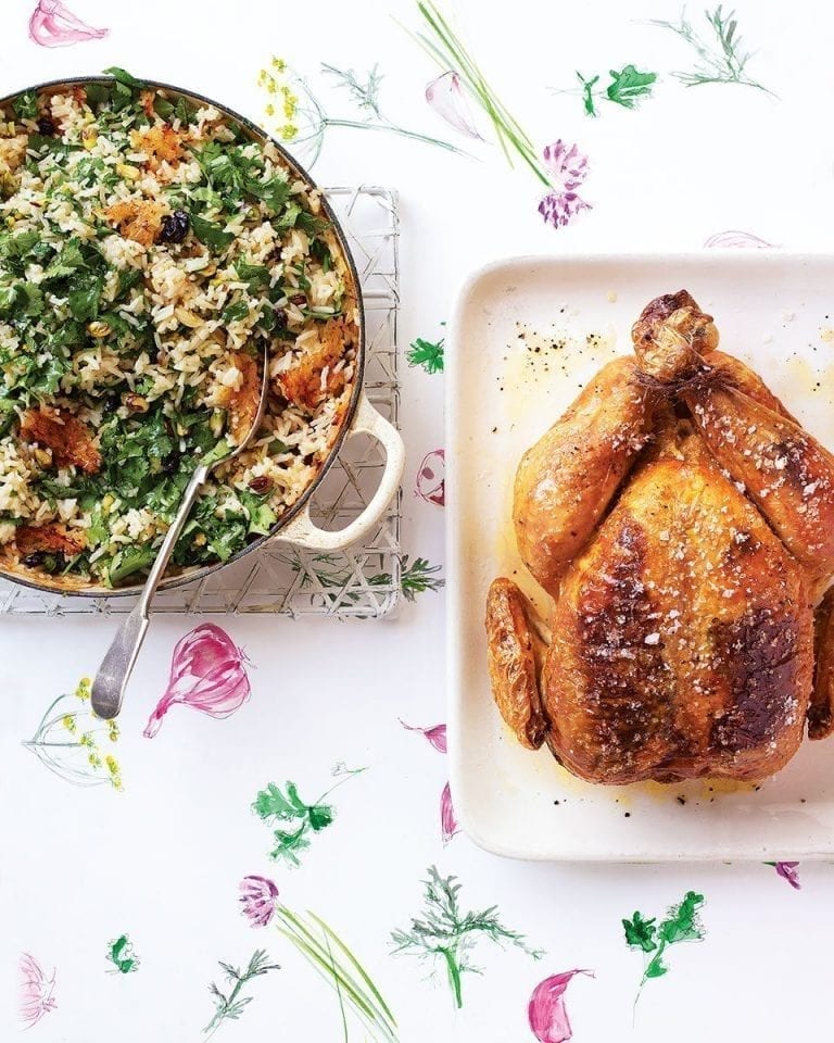 Garlic-stuffed chicken with pistachio, sour cherry and herb pilaf
