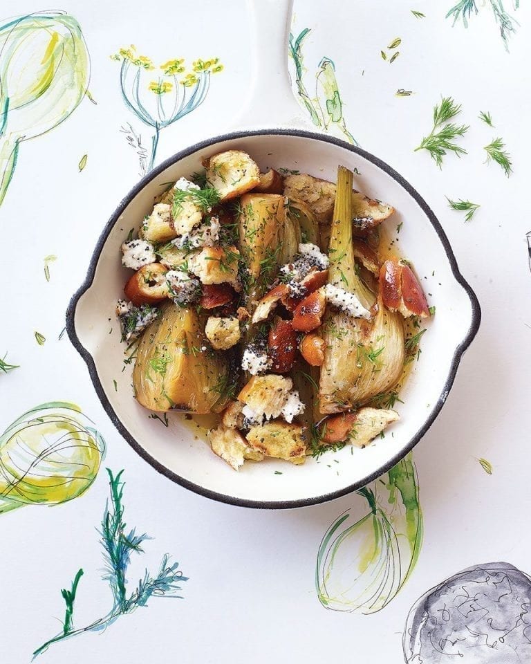 Sherry-braised fennel with pretzel crumbs and goat’s cheese