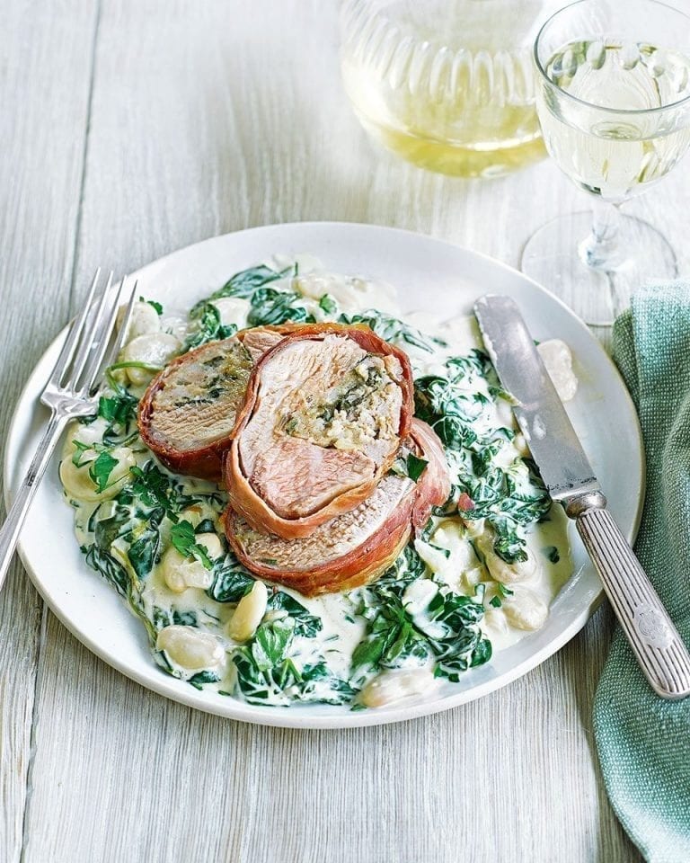 Stuffed pork fillet with creamed butter beans