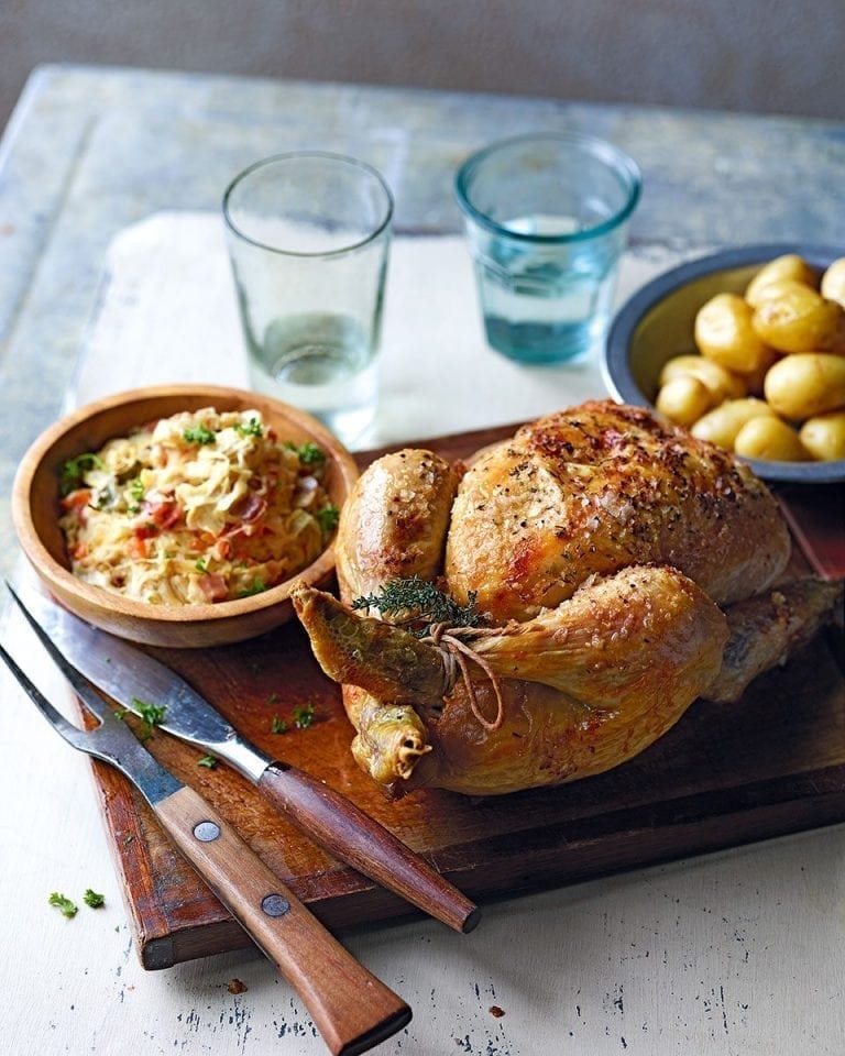 Roast chicken with creamy sauerkraut recipe delicious. magazine
