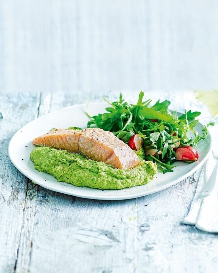 Easy baked salmon with pea and mint houmous