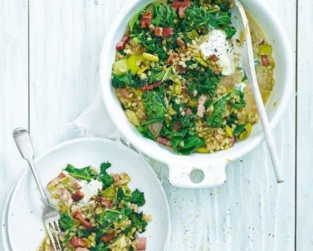 Charred leek, pearl barley and cheshire cheese salad