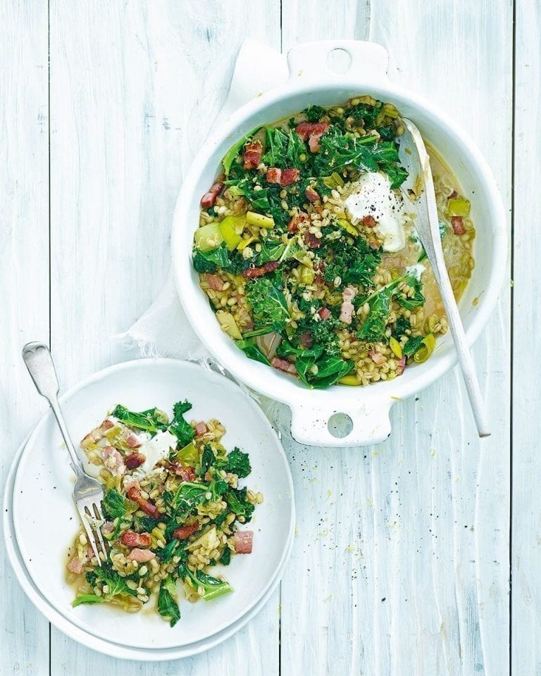 Easy leek and kale pearl barley with crispy lardons