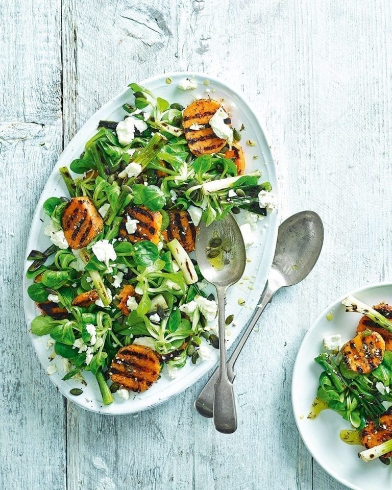 Quick charred spring onion and sweet potato salad