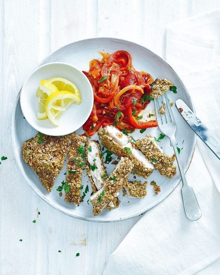 Easy walnut and oat crusted chicken with peperonata