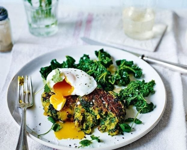 Spinach and potato cakes with poached eggs