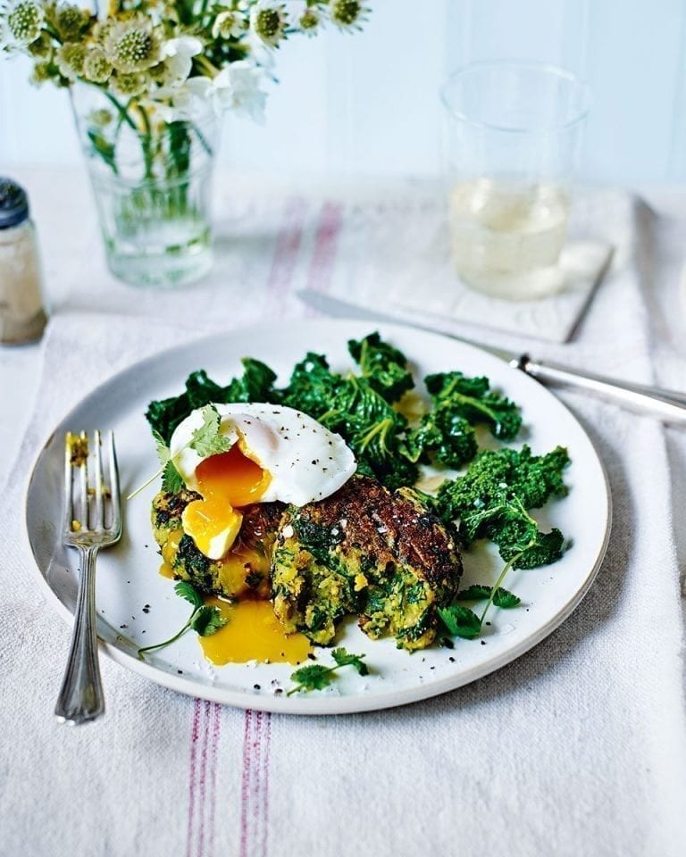 Spinach and potato cakes with poached eggs