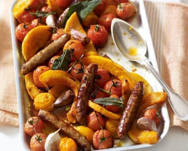 Chipolata toad in the hole with creamed butternut squash