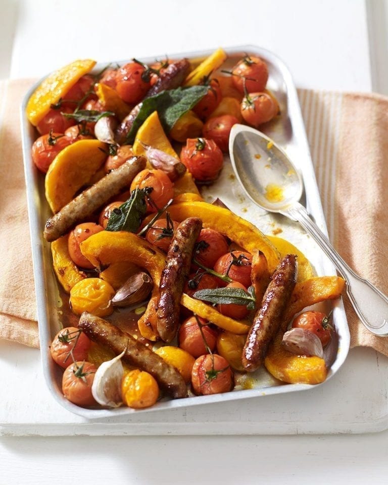 Sticky baked tomatoes, sausages and squash