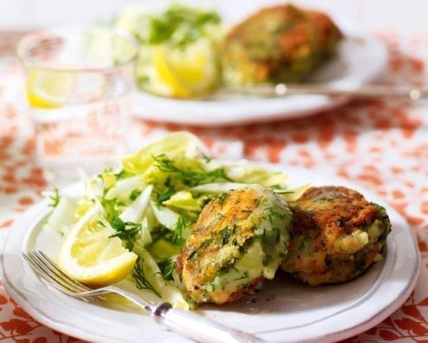 Smoked salmon and dill fishcakes shown on a plate with a fork