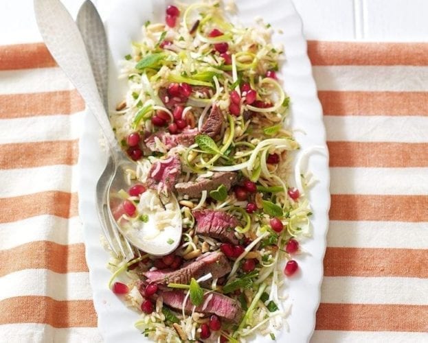 Triple-tomato pilaf with lamb kebabs