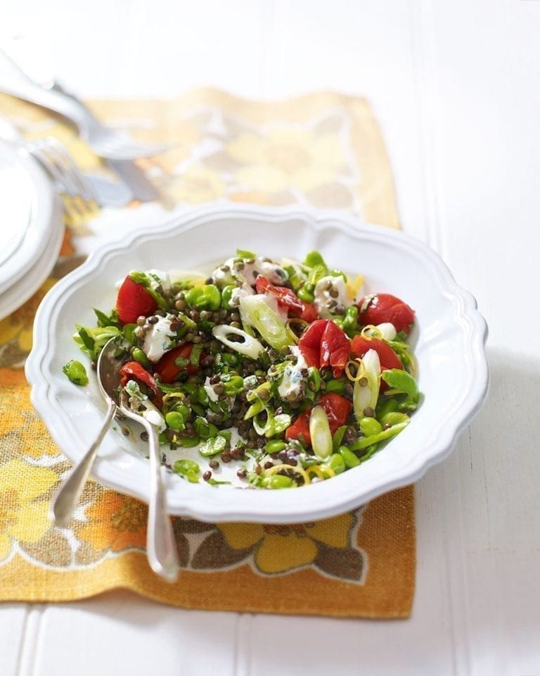 Goat’s cheese, broad bean, lemon and lentil salad