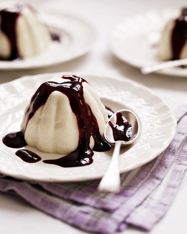 Almond blancmange with blackcurrant sauce