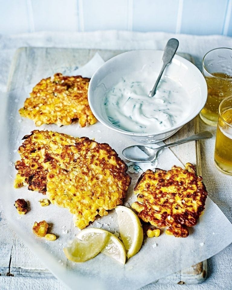 Smoky sweetcorn fritters with tarragon yogurt recipe delicious. magazine