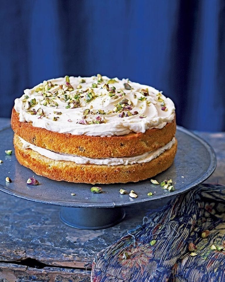 image of Chetna Makan’s Pistachio, Cardamom and White Chocolate Cake recipe by Delicious Magazine