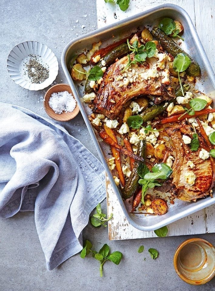 Pork chops with roasted baby veg, potatoes and feta