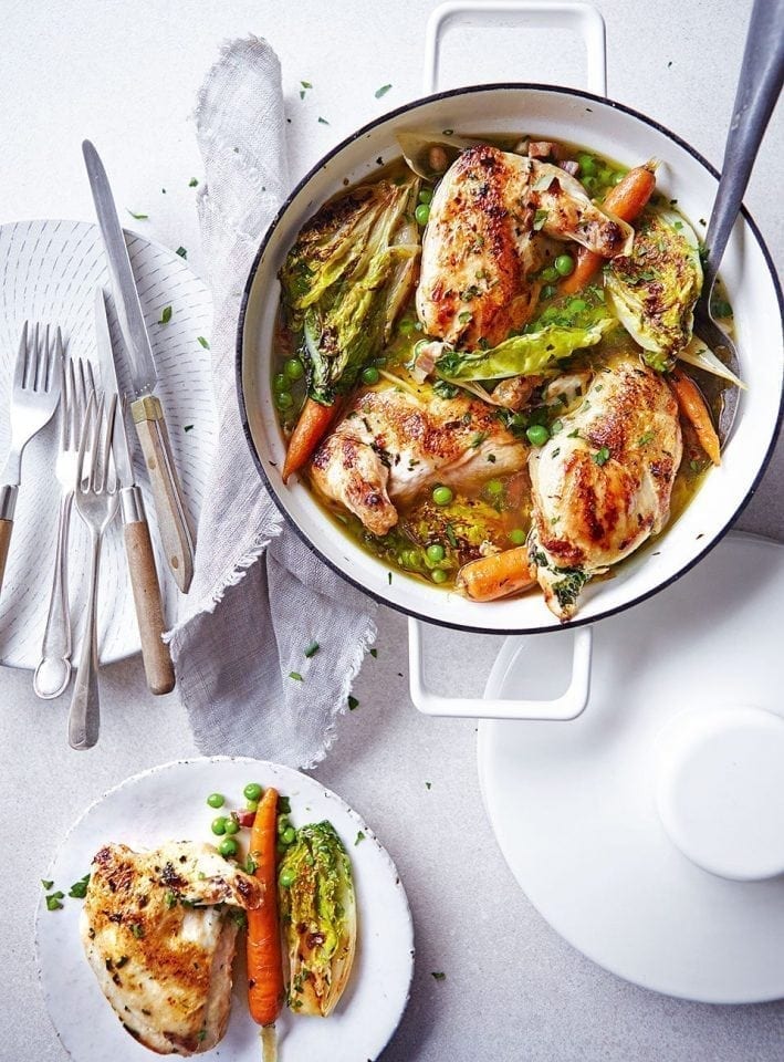 Garlic and herb buttered chicken with braised lettuce