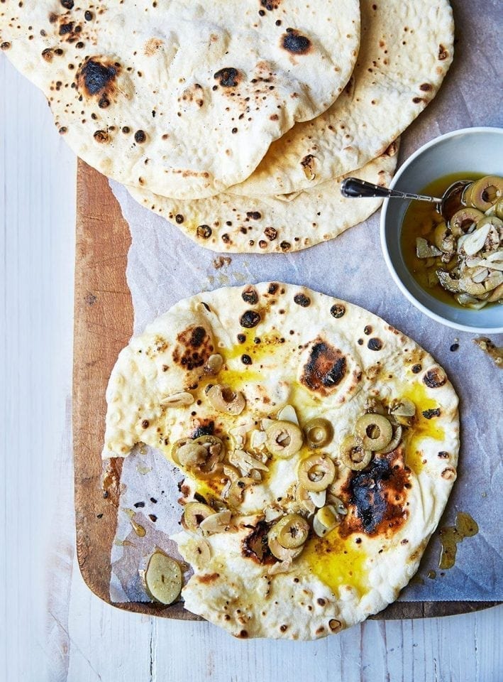 Garlic, anchovy and olive flatbreads