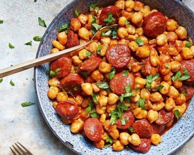 John Whaite's chorizo and chickpeas braised in cider