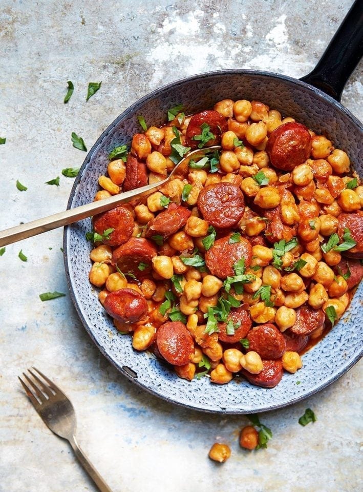 John Whaite's chorizo and chickpeas braised in cider