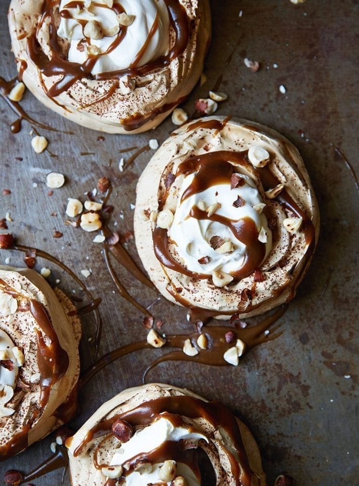 Brown-sugar meringues with hazelnut butterscotch sauce