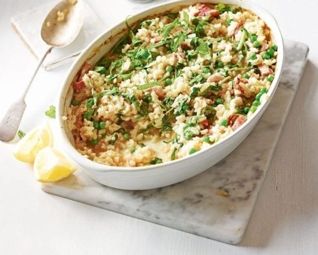 Easy oven-baked bacon, pea and watercress risotto