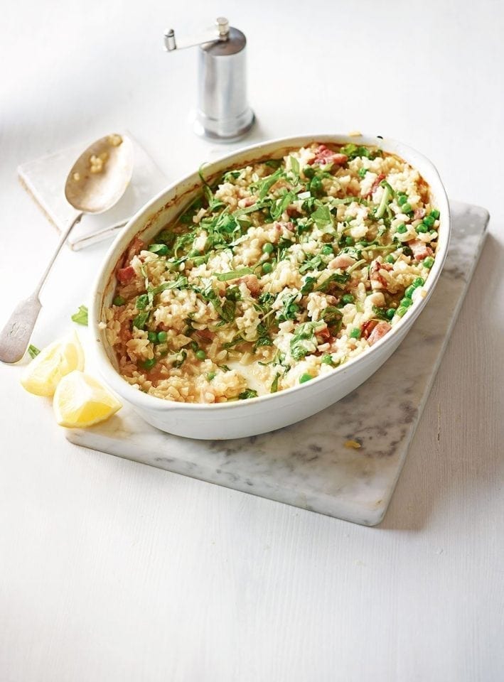 Easy oven-baked bacon, pea and watercress risotto