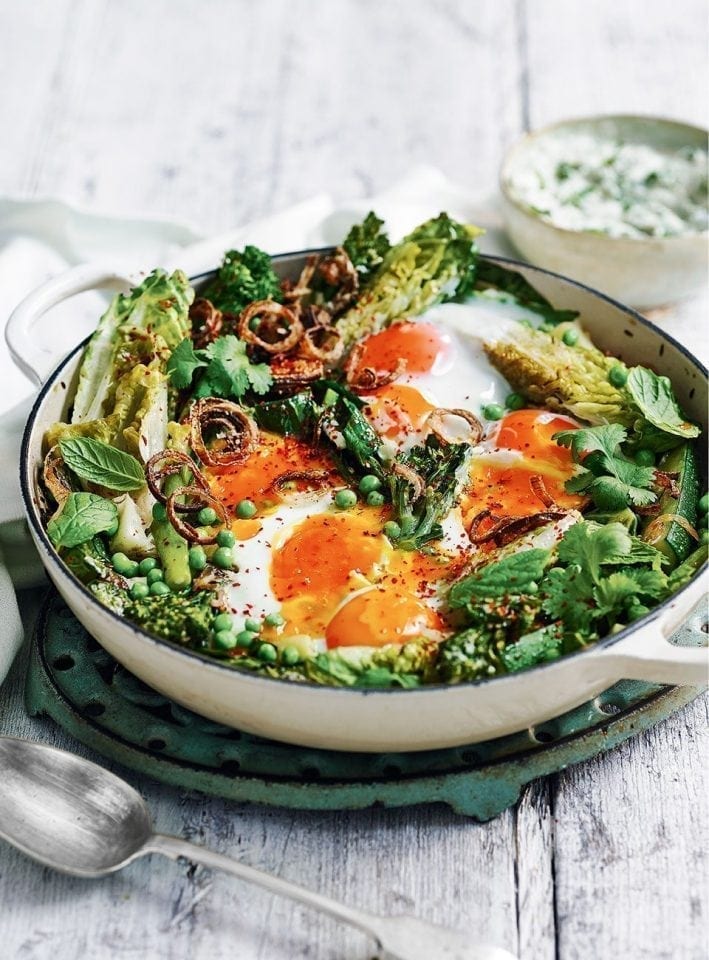 Green shakshuka with brown butter yogurt