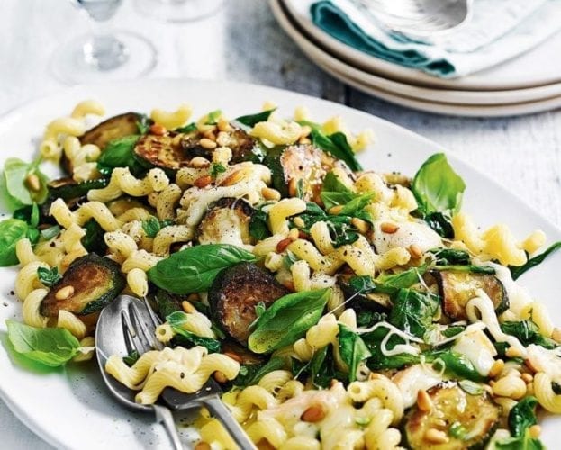 Fried courgette, cheese and spinach pasta