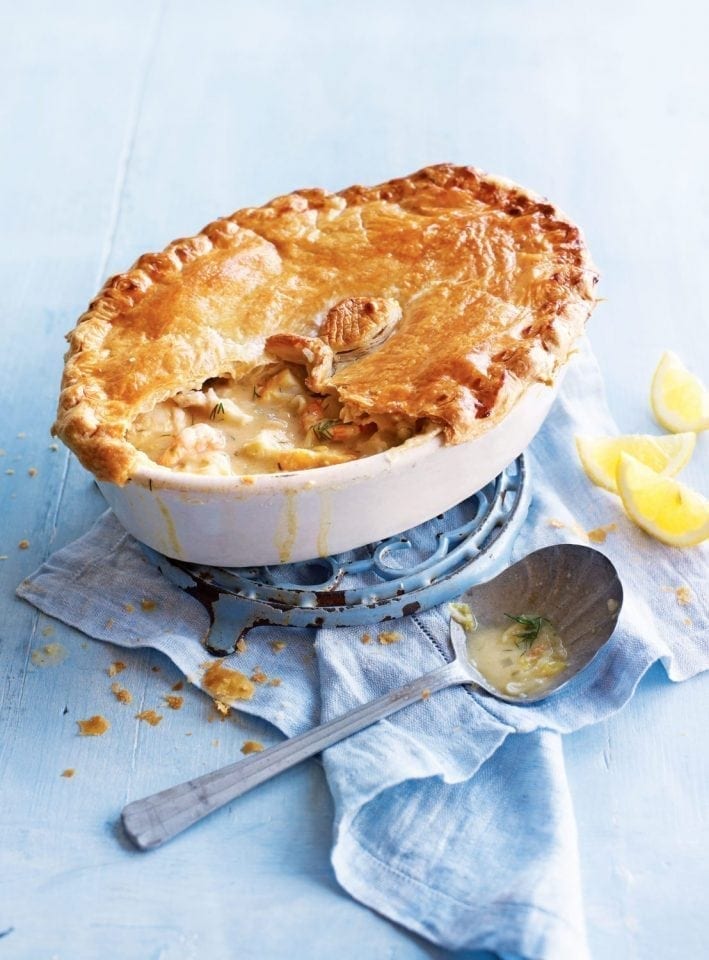 Caper, lemon and dill fish pie with puff pastry top