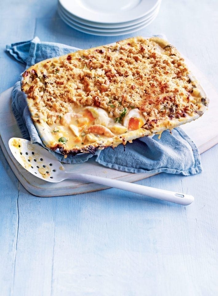 Crumble-topped fish pie with soft-boiled eggs