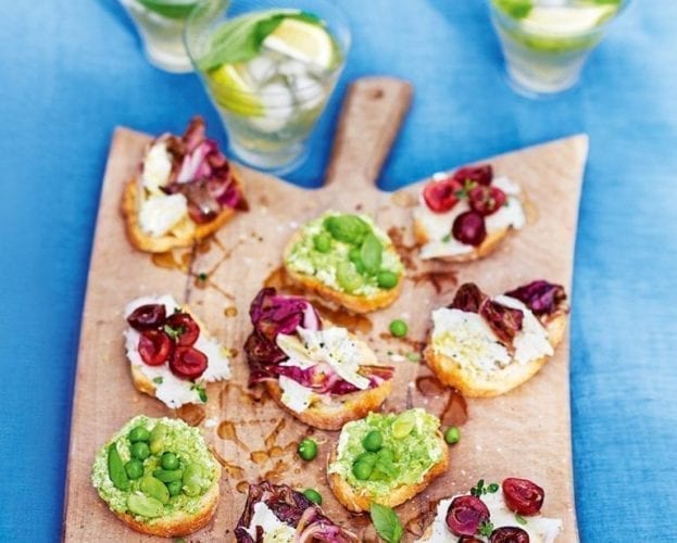 Goat’s cheese and chicory crostini with balsamic pickled shallots