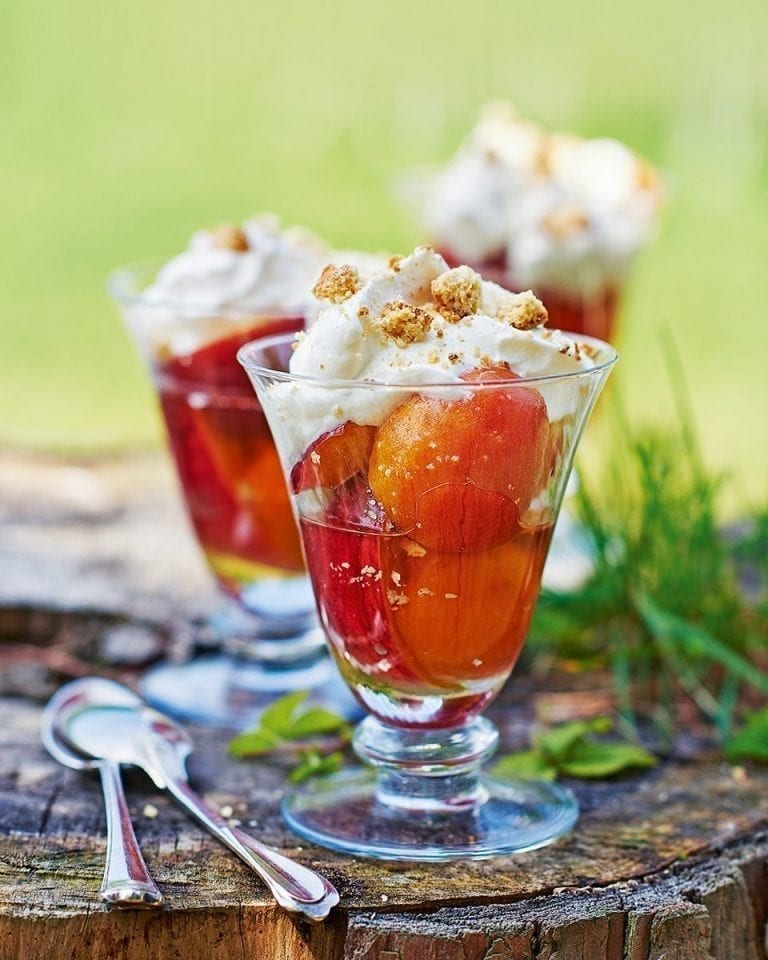 Vin santo-soaked stone fruit with whipped honey ricotta and cantuccini biscuits