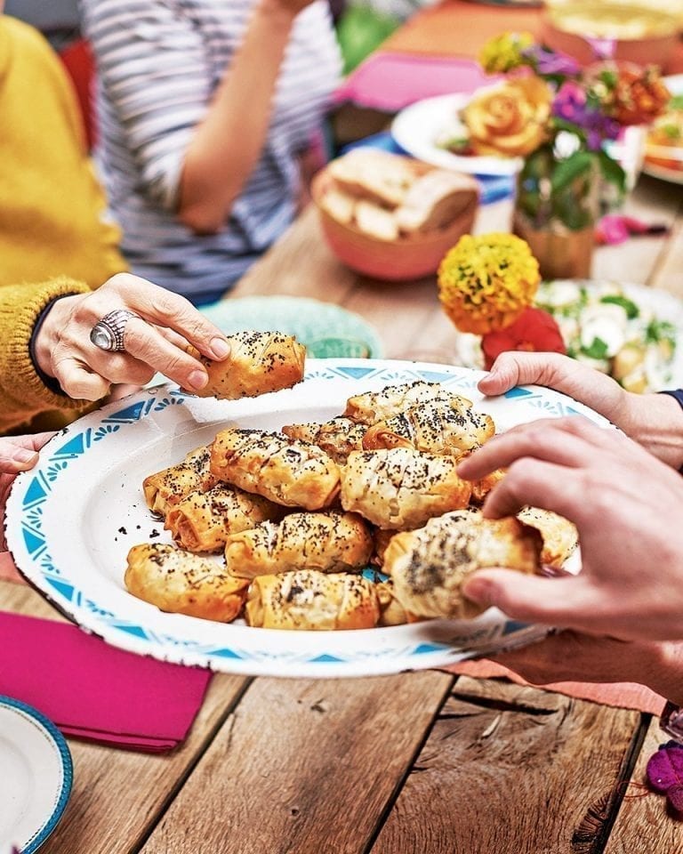 Sausage, cider and apple filo rolls