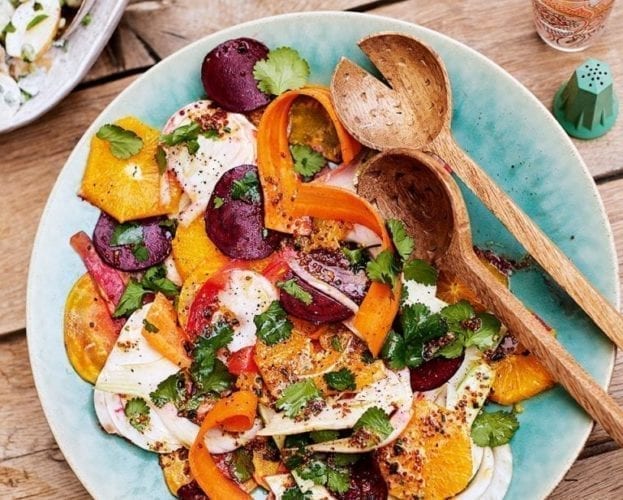 Roast carrot, beetroot and marjoram salad with fennel seed and yogurt dressing