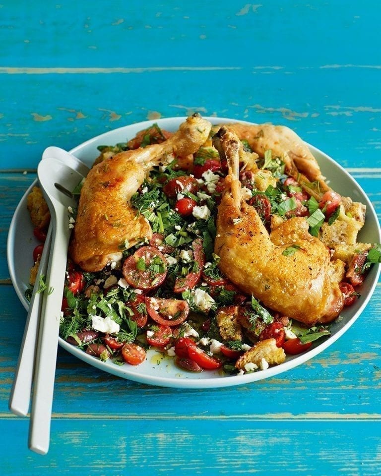 Oregano and sage roast chicken legs with tomato, herb and feta bread salad