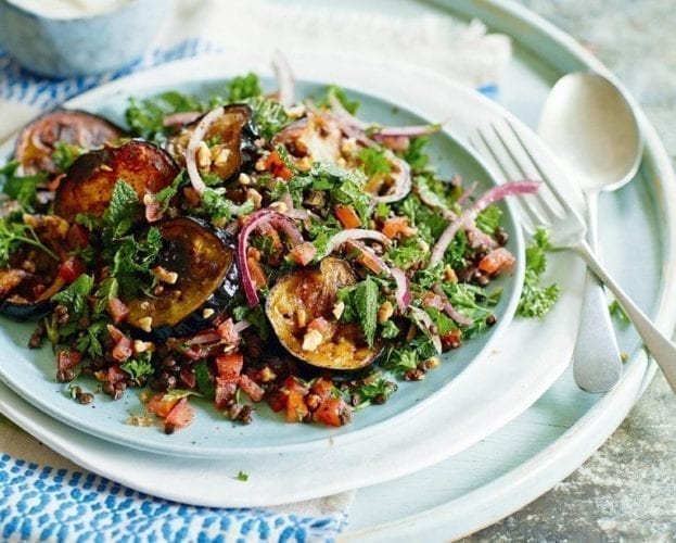 Crispy aubergines with lentil tabbouleh and yogurt dressing