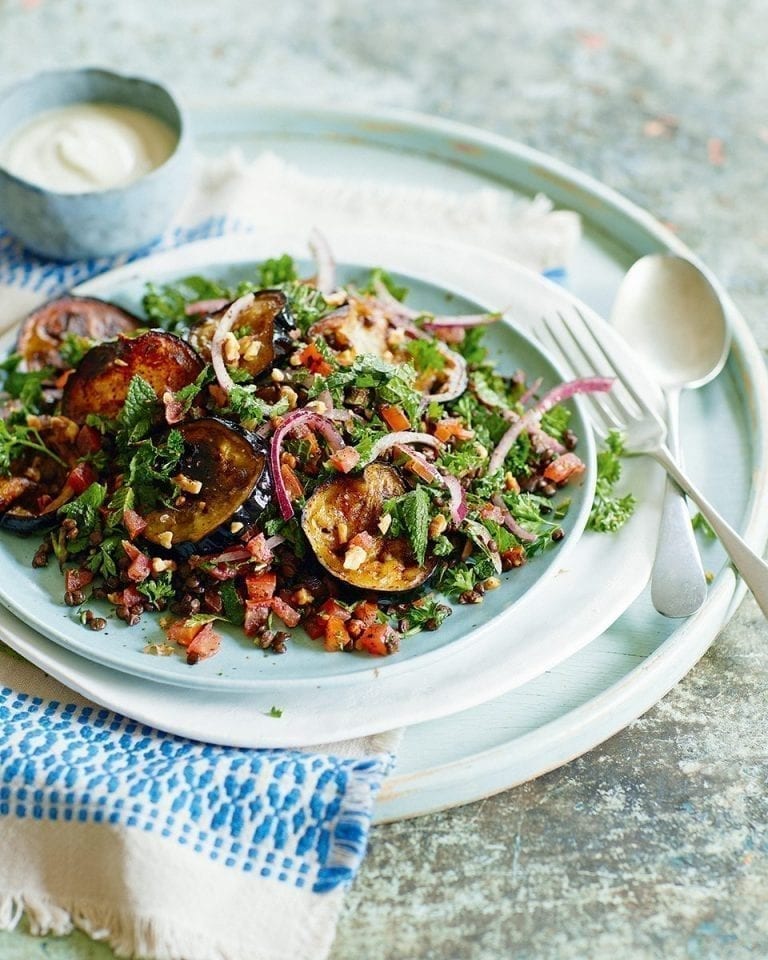 Crispy aubergines with lentil tabbouleh