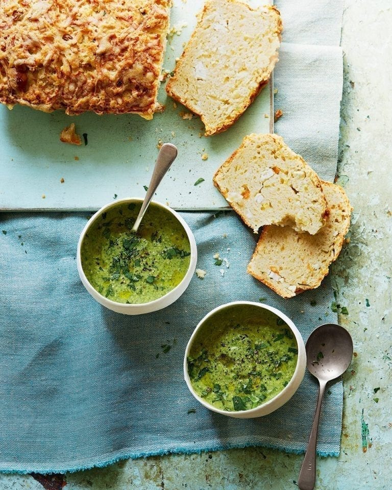 Herb and almond soup with cheese muffin loaf