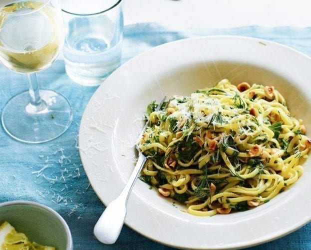 Linguine with saffron, roasted garlic, herb butter and hazelnuts