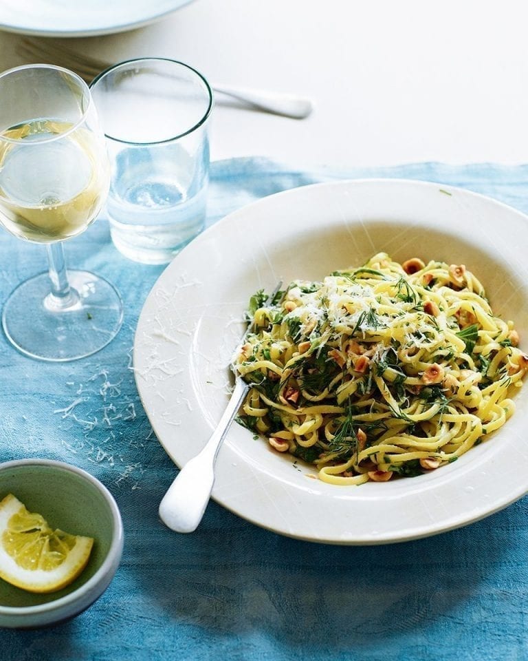 Linguine with saffron, roasted garlic, herb butter and hazelnuts