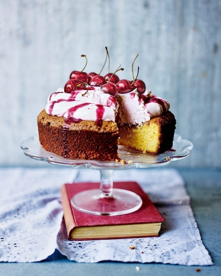 Elderflower, lemon and cherry cream flourless cake