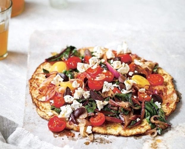 Grain-free cauliflower ‘pizza’ with chard and olives