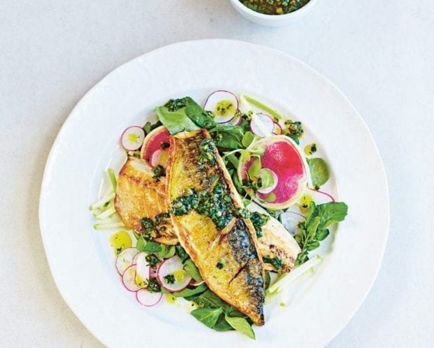 Grilled mackerel salad with miso dressing