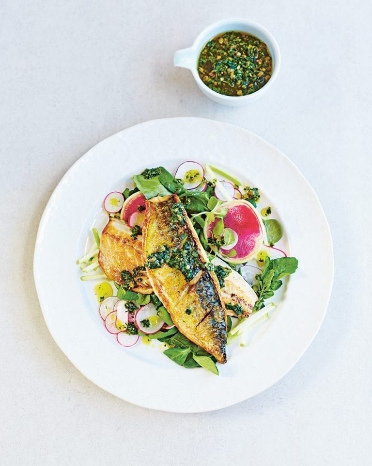 Pan-seared mackerel with radish, apple & watercress salad and salsa verde