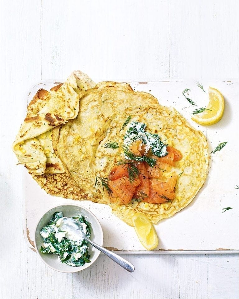 Sweetcorn pancakes with smoked salmon and lemon and spinach ricotta recipe | delicious. magazine