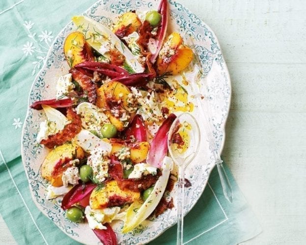 Peach, crispy pancetta, olive and mozzarella salad