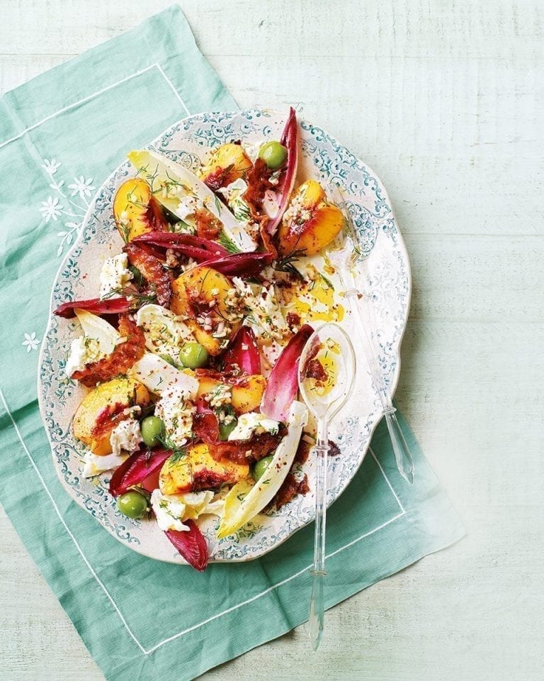 Peach, crispy pancetta, olive and mozzarella salad