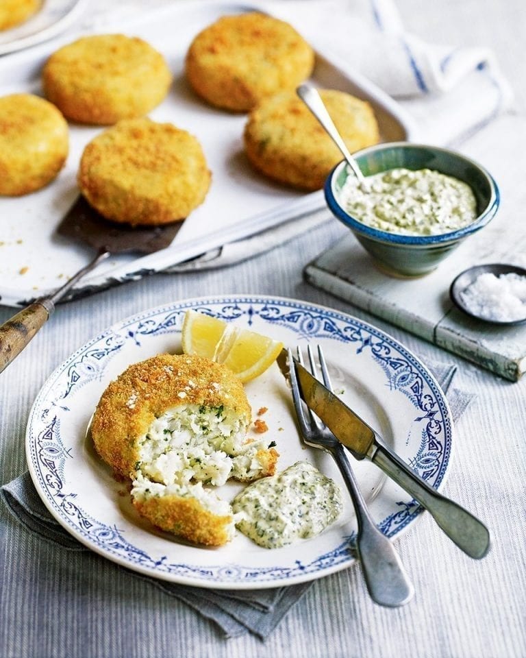 Home-salted cod fishcakes with salsa verde mayonnaise