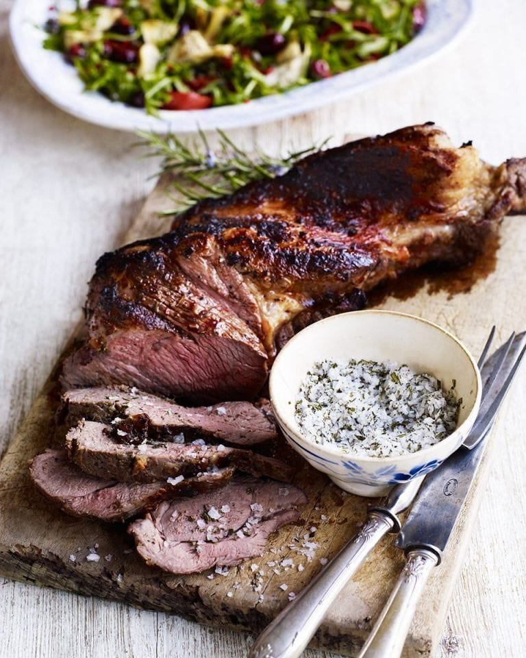 Butterflied leg of lamb with rosemary salt and slow-roasted tomato salad